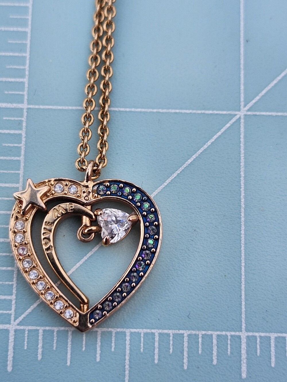 Swarovski Gold Heart Star Pendant Necklace with Blue and Clear Stones